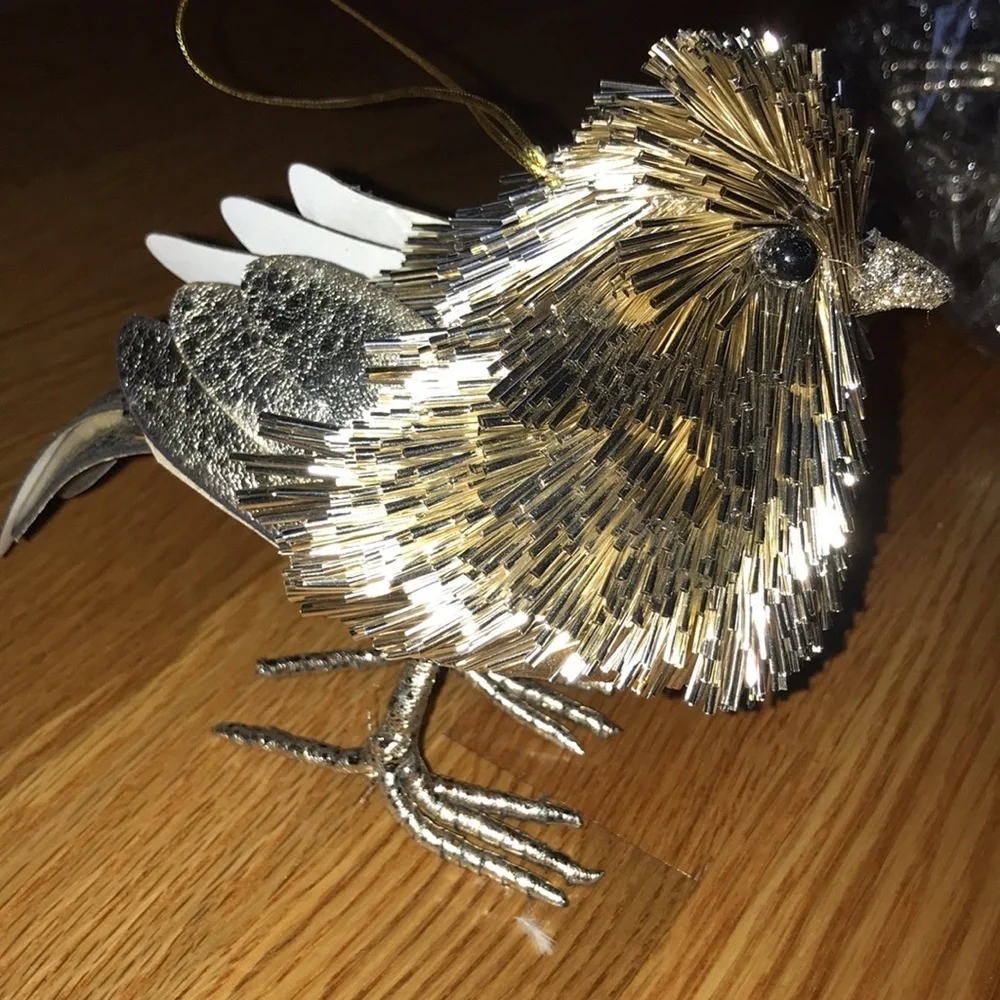 NWT Pair Anthropologie Metallic Beaded Bird Ornaments Gold